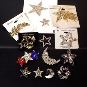 Lot of 14 Celestial Stars & Moons Brooches.  PWC, Austrian Crystal, Vintage, New